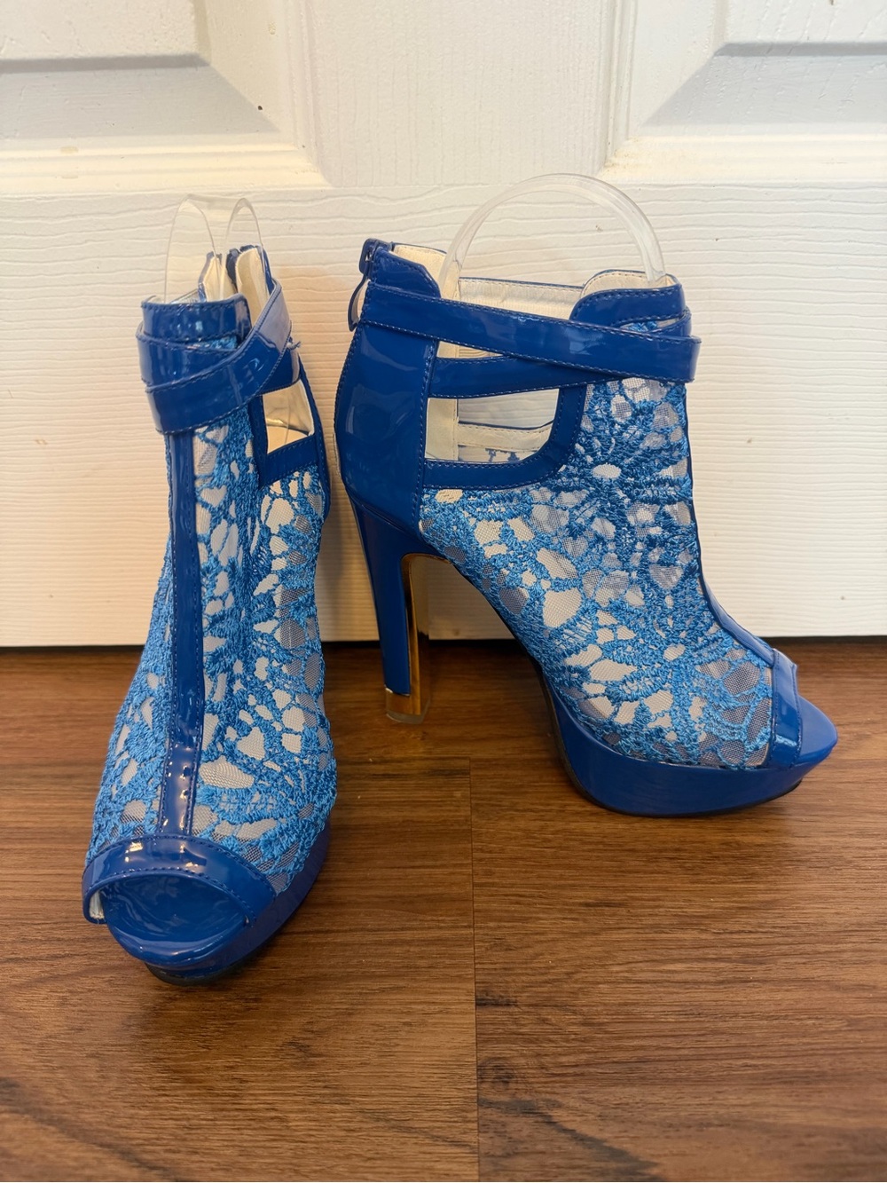 Blue Lace Peep-Toe High Heel Sandals by GetMoreBeauty. Size 5